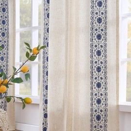 jinchan Weslie Boho Lined Linen Curtains for Bedroom Blue Vintage Floral Farmhouse Curtains 63 Inch Length Linen Drapes for Living Room Embroidered Drapes Rod Pocket Blue on Beige 2 Panels
