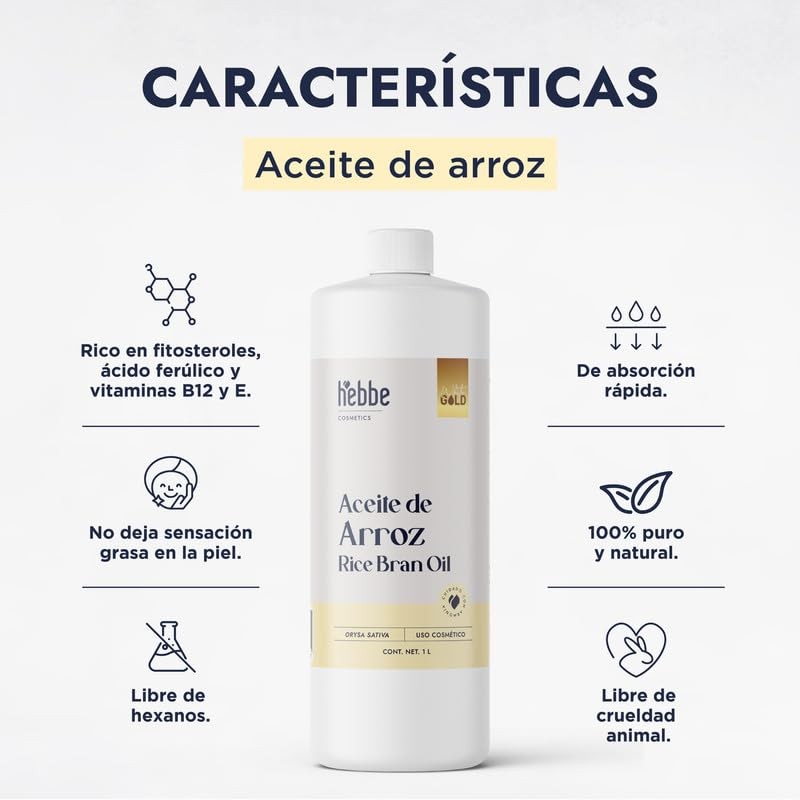 Hebbe - Aceite de Arroz 100% Puro, Antioxidante e Hidratante