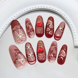 Press On Nails Almond Short Square Ballet Shaped, Cute Design Flower Bow Fake Nails, Stick On Nails,Glue on Nails on 24PCS (Almond Red Love)