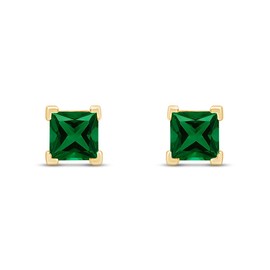 6mm Princess Cut Simulated Emerald Stud Earrings in 14k Yellow Gold Over Sterling Silver