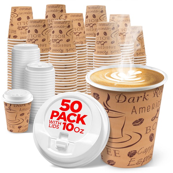 Disposable Coffee Cups with Lids 10 oz (50 Pack) - To Go Paper Coffee Cups for Hot & Cold Beverages, Coffee, Tea, Hot Chocolate, Water, Juice - Eco Friendly Cups