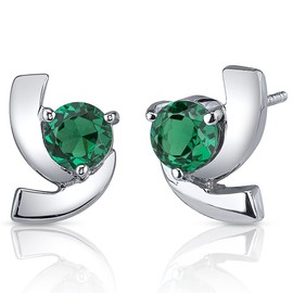 Peora Simulated Emerald Stud Earrings for Women 925 Sterling Silver, 1.50 Carats total Round Shape 6mm, Friction Backs, Dainty Green Earrings, May Birthstone