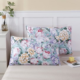 STYHO Floral Pillow Cases 2 Pack 100% Egyptian Cotton Blossom Flowers Pillowcases Soft Reversible Standard Pillow Covers with Envelope Design(Pink-blue, 50 x 75cm)