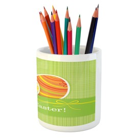 Ambesonne Easter Pencil Pen Holder, Colorful Eggs with Stripes on a Green Checkered Squares Background Banner, Printed Ceramic Pencil Pen Holder for Desk Office Accessory, Multicolor