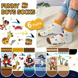 Queenshin Pirate Ship Animals Boys Novelty Socks Fun Crazy Funny Cute Cartoon Race Car Kids Ankle Socks 6 Pairs