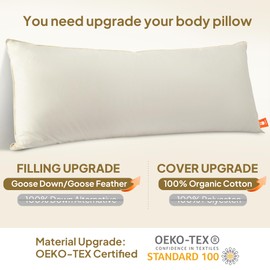 Goose Down Body Pillow Firm Body Pillows for Adults Large Long Hugging Pillow Insert for Side Sleepers, Breathable Full Body Pillow for Bed with 100% Organic Cotton Downproof Shell Off-White 20" X 72"