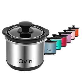0.65-qt Mini Slow Cooker, Fondue Melting Pot Warmer with Diswasher-safe Stoneware Crock, Sauce, Stews & Dips, Glass Lid, Stainless Steel and black,Round