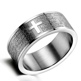Flongo Men's Ring Men's Rings Thumb Ring Silver Tone Engagement Band Ring Signet Ring Spanish Bible Cross Rosary Men's Accessories Size 56, Stainless Steel