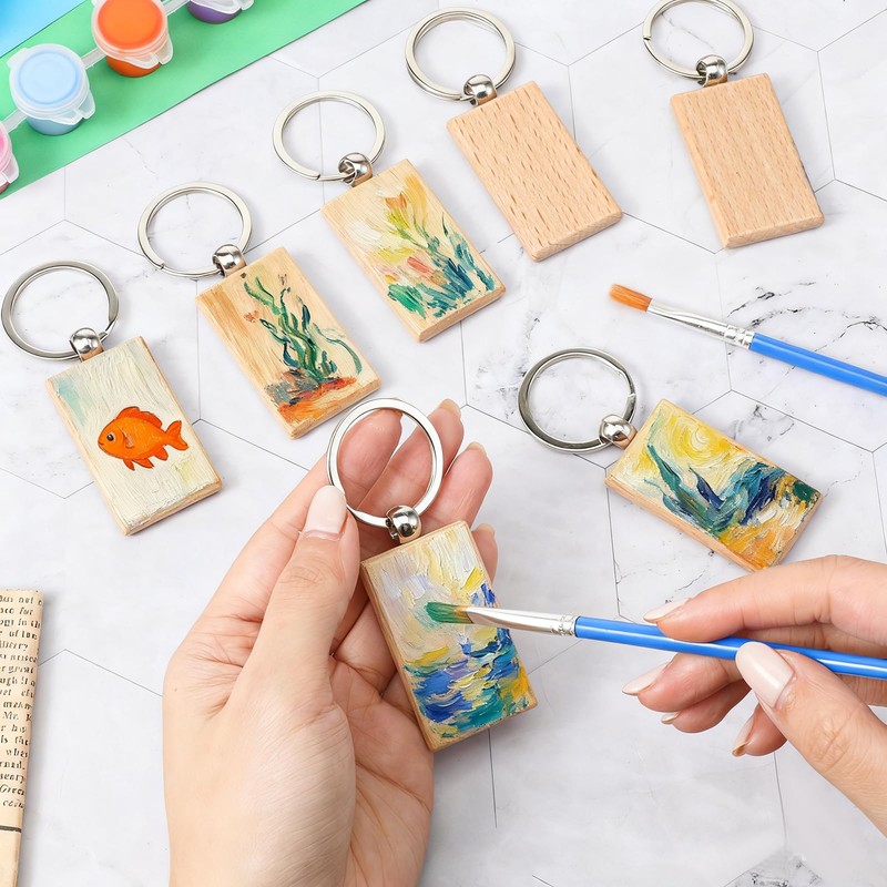 100 Pcs Wooden Keychain Blanks Bulk Rectangle Keychain Blanks