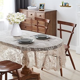 ASATEX 60 x 84 Inch Golden Linen Oval Lace Tablecloth. Classic Elegant Floral Pattern is Ideal Choice for Any Luxury Dining Room, Birthday, Wedding or Holiday Celebration. LUTOV Linen 84"