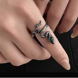 TseenYi Gothic Snake Wrap Ring Black Half Open Snake Ring Animal Rings Serpentine Ankle Ring Adjustable Snake Emerald Crystal Ring Vintage Finger Rings for Women and Girls Gifts