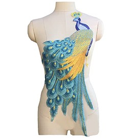 Large Piece of sew on Peacock Shape Embroidered lace Motif Applique Patch for Dress Sewing (Blue)
