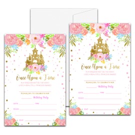 Princess Birthday Party Invitation, Fairytale Castle Themed FillIn Invites, 20 Gold Foil Floral Invitations With Envelopes for Teens Girls (4 X 6), Kids Royal Party Favors Decorations and Supplies