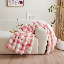 chovy Pink White Blanket for Couch - Bread Grid Rabbit Plush Soft Warm Blanket for Sofa Livingroom Bedroom Dorm Decor - 50x60 Inches