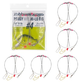 Xubbwov 6-Pack Porgy Stainless Steel Wire Hi-Lo Rig with 18" 70lb Steel Leader, Anti-Tangle Twisted Arms & 11" Mono Dropper, Gold Baitholder Hooks for Scup, Sea Bass, Tautog (Size #4)
