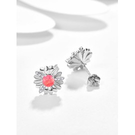KINGWHYTE Daisy Flower Earrings S925 Sterling Silver Opal Studs Earrings Daisy Earrings Birthday Jewelry Gift for Women(Red Opal)