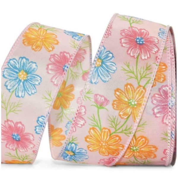 1 Pcs 1 1/2"W Spring Flowers Wired Ribbon Pink Yellow