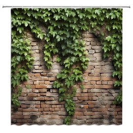 ZWSMZW Green Leaves Shower Curtain Brick Wall Garden Landscape Nature Plant Rustic Country Red Brown Stone Wall Creative Bathroom Decor Fabric Curtains with Hooks