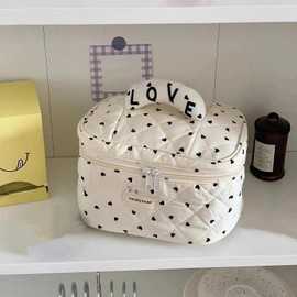 COENVYLIV Cotton Quilted Makeup Bag Large Capacity Cute Hearts Cosmetic Storage Toiletry Organizer for Women for Travel Business Trips Vacation Sleep Over,Black