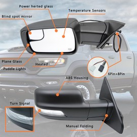 Rearview Mirror Left Driver Side Compatible with Ram 1500 2019-2024 Door Mirror Temp Sensor/Heated Glass/Signal Light/Puddle Light/Power Folding/Black Texture Cover (14pins)
