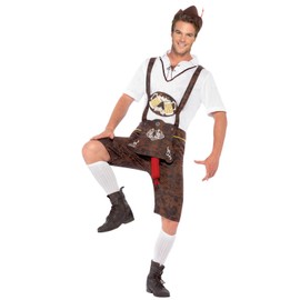 Smiffys Brad Wurst Costume, Brown Lederhosen, Shirt & Hat, Fancy Dress, Adult Dress Up Costumes