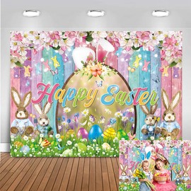 Happy Easter Backdrop Colorful Wood Photography Background Spring Flower Easter Bunny Eggs Banner Easter Themed Party Decoration Background (6X4FT (180x120cm))