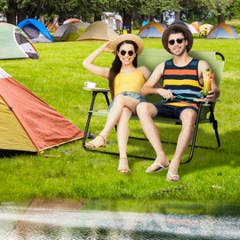 Outsunny Double Camping Chair, Portable Camping Loveseat for 2 Person, Folding Chair with Cup Holder and Wood Armrest for Sports Beach Travel, Green