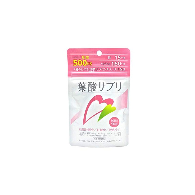 葉酸 鉄 カルシウム サプリ 180粒（90粒×2個セット(計60日分)) 葉酸500ug 鉄分15mg カルシム160mg 7種のビタミンB群、ビタミンA、C、D、E配合
