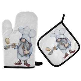 QUGRL Funny Gnome Baker Oven Mitts and Pot Holders Sets Cute Chef Hot Pads Heat Resistant Cooking Gloves Handling Kitchen Cookware Bakeware BBQ