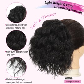Ameyra Drawstring Ponytail 8 Inch Short Curly Ponytail Extension for Black Women Natural Black Wavy Pony Tails Hair Extensions Fake Hairpiece Clip in Ponytails-2#