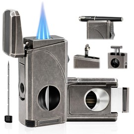 VloEssic 6-in-1 Triple Jet Butane Torch Lighter Built-in V & Straight Cutter, Punch, Holder, Draw Enhancer, Refillable Lighters and Windproof Gas Lighter for Candles, Cool Lighter for Men (No Gas)