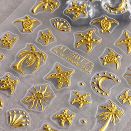 5D Embossed Ocean Life Nail Art Stickers Decals Self Adhesive Gold Nail Decals Sea Coconut Designs Summer Nail Stickers Seashell Starfish Manicure Sliders for Women DIY Nail Art Decorations