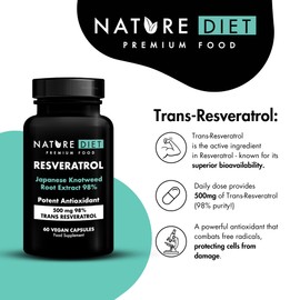 Nature Diet Resveratrol - 500mg Trans-Resveratrol (98%) - Japanese Knotweed Extract - 60 Vegan Capsules - Antioxidant Support - Supports Healthy Aging & Cellular Well-Being