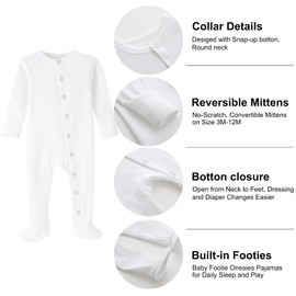 ACESTAR Baby Footed Pajamas with Mittens Cuffs, 2 Pack - Cotton Long Sleeve Baby Snap-Up Footed Sleeper for Sleep and Play (0-3 Months, Pink&White)