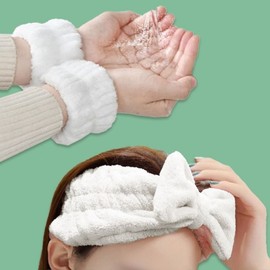 White Ribbon Headband & Wristband Set for Face Washing Set