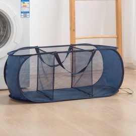 Mesh Laundry Hamper Basket, Sturdy 3 Compartments Laundry Basket, Foldable Pop up Laundry Hamper with Side Pocket for Laundry Room, Bathroom, Kids Room, College Dorm or Travel Navy