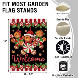 Artofy Welcome Christmas Gingerbread Man Small Decorative Garden Flag, Xmas Peppermint Candy Holly Red Berries Yard Lawn Outside Decor, Winter Holiday Farmhouse Burlap Outdoor Home Decoration 12x18