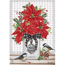 Briarwood Lane Poinsettia Jar Christmas Garden Flag Chickadees Checkered 12.5" x 18"