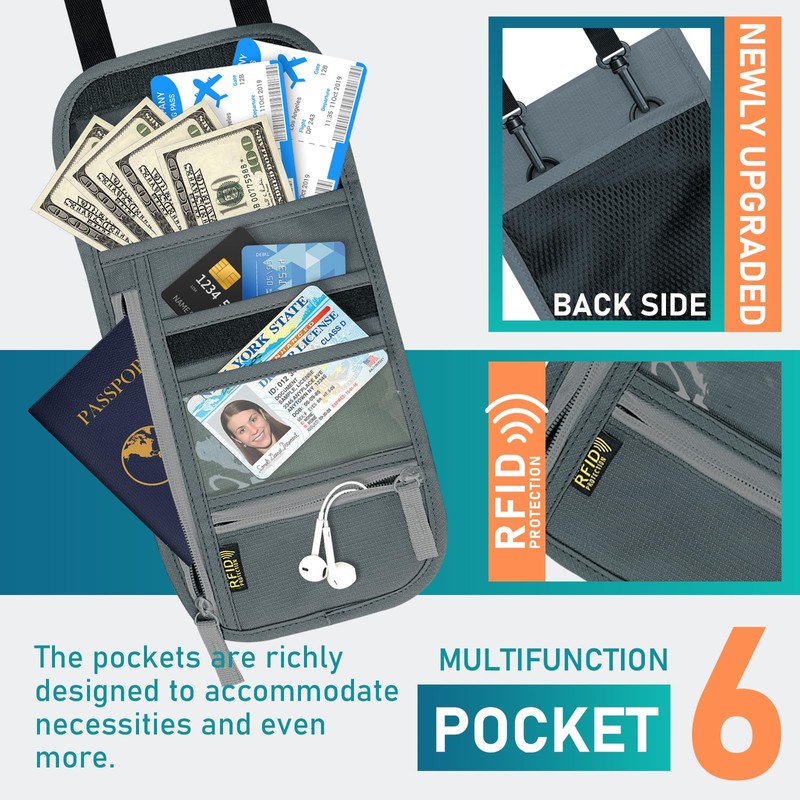 Travel Neck Wallet, RFID Blocking Passport Holder with Adjustable Neck