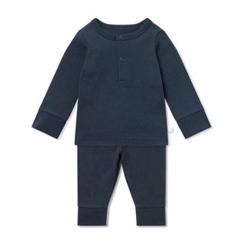 MORI Baby - Unisex Ribbed Pyjamas in Navy - Soft Organic Sleepwear with Front Popper Placket - Elastic Waist Bottoms for Secure Comfort - Ideal for Baby Boys and Girls Aged 12-18 Months
