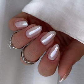 KQueenest White Chrome Press On Nails Short Oval, Sparkly Glitter Fake Nails With Glue, Chrome Short Nails Press ons, Glazed Bling Finish, Reusable Glue on Nails for Women Wedding in 24 Pcs