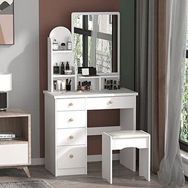FUFU&GAGA Vanity Set with Mirror, Makeup Vanity Dressing Table with 5 Drawers, Shelves, Dresser Desk and Cushioned Stool Set (White)