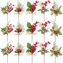 Songjum 15 PCS Christmas Branches Artificial Christmas Tree Filler Branches Large with Red Berries Apple Pine Cones for Vases Tree Outdoor Planters DIY Christmas Craft Wreaths Decoration