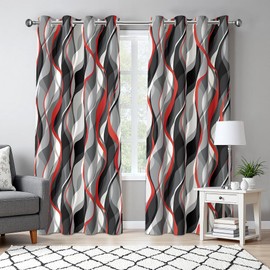 weesire Red and Grey Blackout Curtains Modern Striped Decorative 100% Light Blocking Darkening Grommet Red Curtain for Living Room Villa, Bedroom Gray and Red 2 Panels Set, 52x84 Inches
