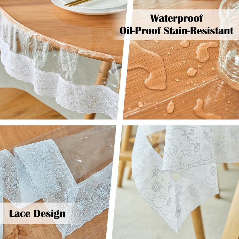 IBEQUEM Clear PVC Lace Tablecloth, 100% Waterproof Vinyl Table Cloth,