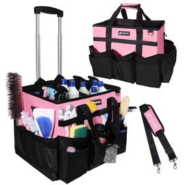 VSHXENG Large Rolling Cleaning Caddy Bag with Wheels, with Detachable Trolley, Cleaning Bags on Wheels for Housekeepers, Cleaning Cart Supplies Organizer for Home, Car, Picnic (Pink)