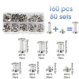 Book Screws, Chicago Screw Set, Screw Rivets Set with Assortment Box, Binding Book Screws Set for Leather Decoration, Bookbinding, DIY Crafts (Silver)