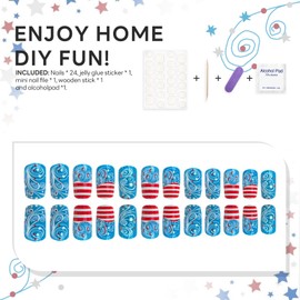 Independence Day Press on Nails Medium French Tip Fake Nails Red White & Blue Coffin False Manicure with Swirls and Stars pattern Full Cover Patriotic Acrylic Manicure for Women 24 Pcs