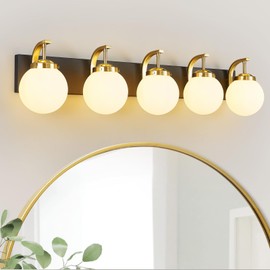 FDPBY 5-Light Bathroom Vanity Light Fixtures Sand Black Gold Vanity Lights Over Mirror Modern Wall Sconce with Milk White Glass Globe Lampshade for Lving Room Dining Room Corridor Powder Room