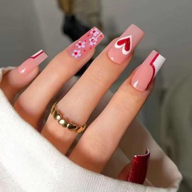 Vezocim Valentine's Day Press on Nails Square Medium 24Pcs Glossy Full Cover Coffin Fake Nails with Red Heart Flower Designs Artificial Acrylic False Nails Sets Medium Square Fingernails for Women